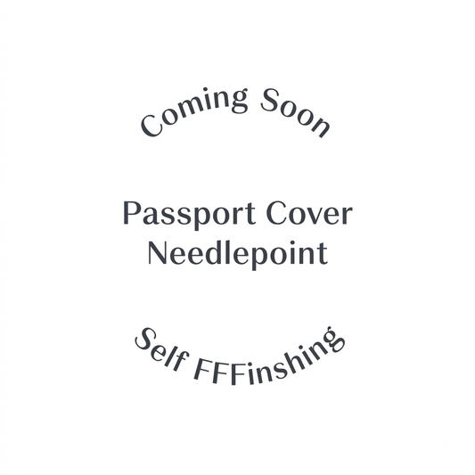 Coming soon graphic for the Passport Cover Needlepoint Self FFFinishing product, dark gray text on a white background.