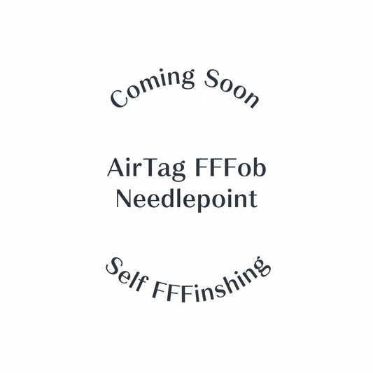 Coming soon graphic for the AirTag FFFob Needlepoint Self FFFinishing product, featuring dark gray text on a solid white background.